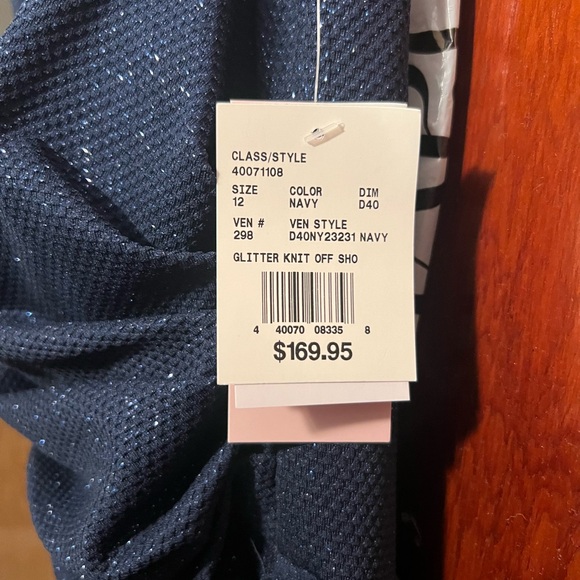 David’s Bridal Navy Off the Shoulder Draped Glitter Knit Sheath Dress - Picture 3 of 6